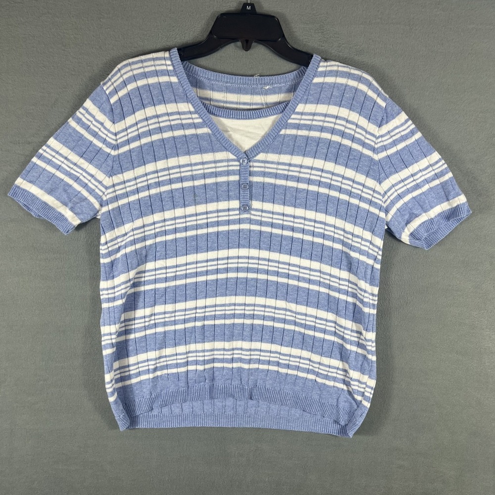 Striped Ribbed Knit Top Women's M Blue‎ White Short Sleeve V-Neck Pullover